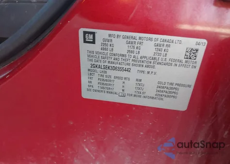 2013 GMC Terrain Sle-2 z USA, uszkodzony, nr VIN 2GKALSEK3D6355442